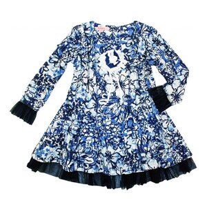 NWT Long Sleeve Blue/White Floral Print & Tulle Trim Dress -Girls Sizes 5, 6, 6X